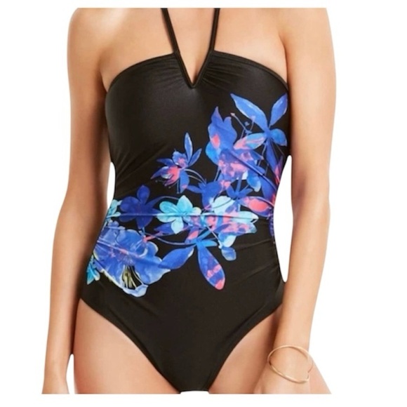 Calvin Klein NWT Floral Black and Blue Halter tie One Piece Size 6 - Picture 1 of 9